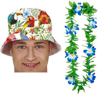 Carnaval verkleed set - Tropische Hawaii party - bucket hoedje - met bloemenslinger - volwassenen