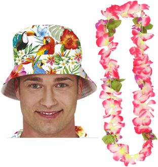 Carnaval verkleed set - Tropische Hawaii party - bucket hoedje - met bloemenslinger - volwassenen