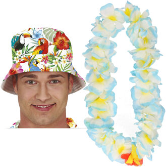 Carnaval verkleed set - Tropische Hawaii party - bucket hoedje - met bloemenslinger - volwassenen