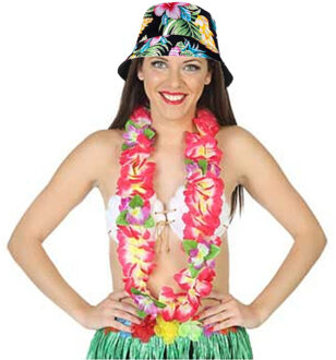 Carnaval verkleed set - Tropische Hawaii party - bucket hoedje - met bloemenslinger - volwassenen