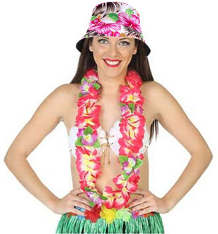 Carnaval verkleed set - Tropische Hawaii party - bucket hoedje - met bloemenslinger - volwassenen