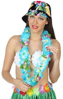Carnaval verkleed set - Tropische Hawaii party - bucket hoedje - met bloemenslinger - volwassenen