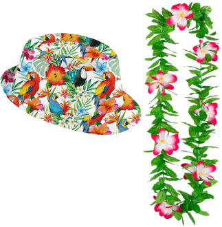 Carnaval verkleed set - Tropische Hawaii party - hoed met bloemenslinger - volwassenen