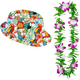 Carnaval verkleed set - Tropische Hawaii party - hoed met bloemenslinger - volwassenen