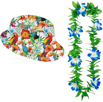 Carnaval verkleed set - Tropische Hawaii party - hoed met bloemenslinger - volwassenen