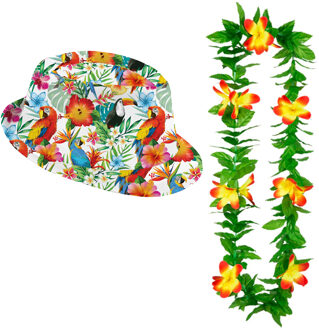 Carnaval verkleed set - Tropische Hawaii party - hoed met bloemenslinger - volwassenen