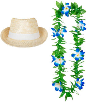 Carnaval verkleed set - Tropische Hawaii party - Ibiza strohoedje - en bloemenkrans groen/blauw