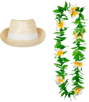 Carnaval verkleed set - Tropische Hawaii party - Ibiza strohoedje - en bloemenkrans groen/wit