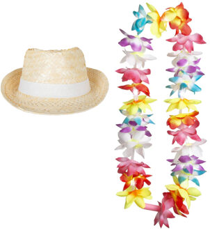 Carnaval verkleed set - Tropische Hawaii party - Ibiza strohoedje - en LED lichtjes bloemenkrans