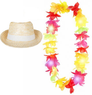 Carnaval verkleed set - Tropische Hawaii party - Ibiza strohoedje - en LED lichtjes bloemenkrans