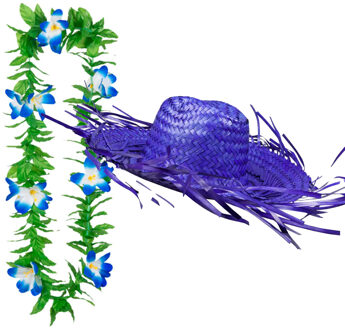 Carnaval verkleed set - Tropische Hawaii party - stro hoed met bloemenslinger - blauw