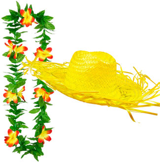 Carnaval verkleed set - Tropische Hawaii party - stro hoed met bloemenslinger - geel