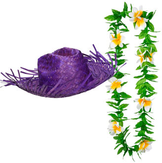 Carnaval verkleed set - Tropische Hawaii party - stro hoed met bloemenslinger - paars
