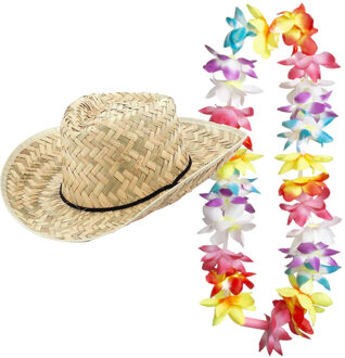 Carnaval verkleed set - Tropische Hawaii party - strohoed - met LED gekleurde bloemenslinger