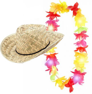 Carnaval verkleed set - Tropische Hawaii party - strohoed - met LED gekleurde bloemenslinger