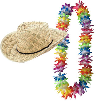 Carnaval verkleed set - Tropische Hawaii party - strohoed - met LED gekleurde bloemenslinger