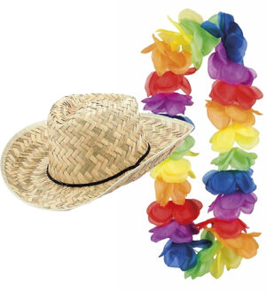 Carnaval verkleed set - Tropische Hawaii party - strohoed - met volle gekleurde bloemenslinger