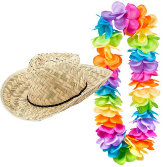 Carnaval verkleed set - Tropische Hawaii party - strohoed - met volle gekleurde bloemenslinger