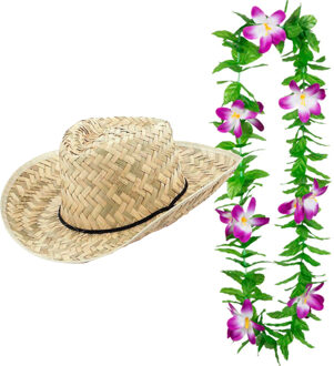 Carnaval verkleed set - Tropische Hawaii party - strohoed - met volle gekleurde bloemenslinger