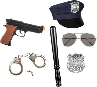Carnaval verkleed set XL - politie agent - pet/knuppel/badge/pistool/zonnebril/handboeien