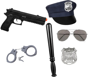 Carnaval verkleed set XL - politie agent - pet/knuppel/badge/pistool/zonnebril/handboeien