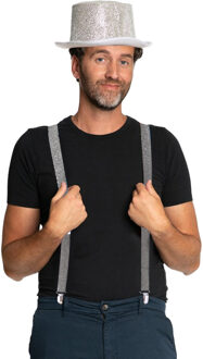 Carnaval verkleed set - zilver - glitter hoed en bretels- volwassenen/unisex - feestkleding