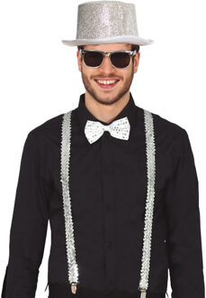 Carnaval verkleed set - zilver - hoed/bretels/party bril/strik- volwassenen/unisex - feestkleding