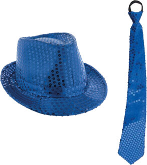 Carnaval verkleed setje - glitter hoedje en stropdas - blauw - volwassenen - met pailletten