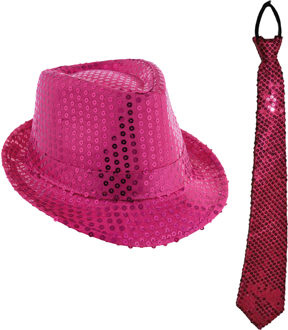 Carnaval verkleed setje - glitter hoedje en stropdas - fuchsia roze - volwassenen - met pailletten
