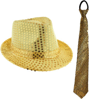 Carnaval verkleed setje - glitter hoedje en stropdas - goud - volwassenen - met pailletten