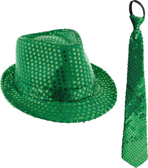 Carnaval verkleed setje - glitter hoedje en stropdas - groen - volwassenen - met pailletten
