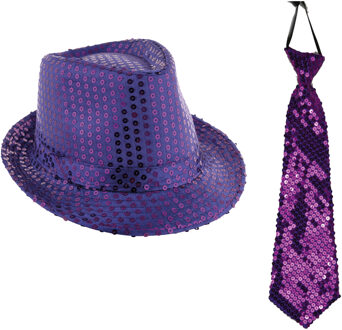 Carnaval verkleed setje - glitter hoedje en stropdas - paars - volwassenen - met pailletten