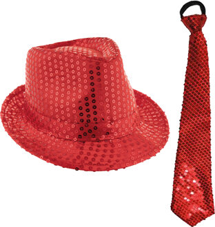 Carnaval verkleed setje - glitter hoedje en stropdas - rood - volwassenen - met pailletten