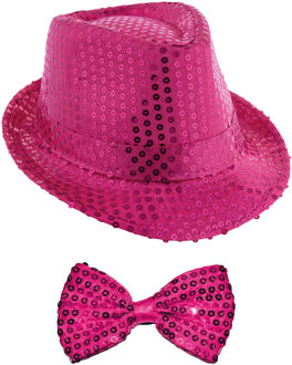 Carnaval verkleed setje - glitter hoedje en vlinderstrikje - fuchsia roze - volwassenen - pailletten