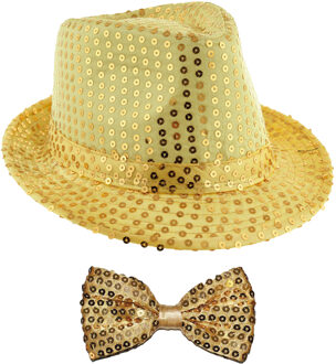 Carnaval verkleed setje - glitter hoedje en vlinderstrikje - goud - volwassenen - met pailletten