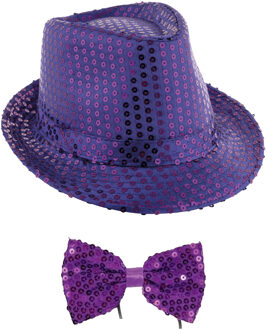 Carnaval verkleed setje - glitter hoedje en vlinderstrikje - paars - volwassenen - met pailletten