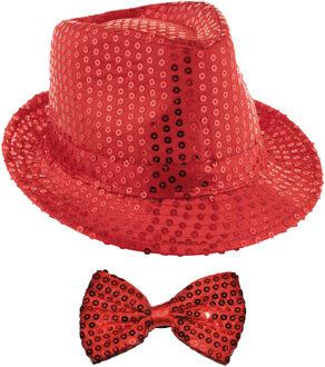 Carnaval verkleed setje - glitter hoedje en vlinderstrikje - rood - volwassenen - met pailletten