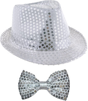 Carnaval verkleed setje - glitter hoedje en vlinderstrikje - zilver - volwassenen - met pailletten