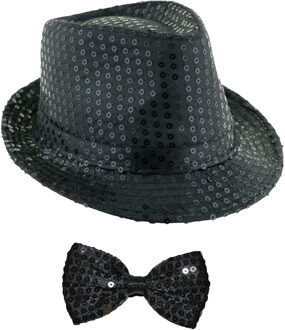 Carnaval verkleed setje - glitter hoedje en vlinderstrikje - zwart - volwassenen - met pailletten