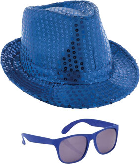Carnaval verkleed setje - glitter pailletten hoedje en party zonnebril - blauw - volwassenen