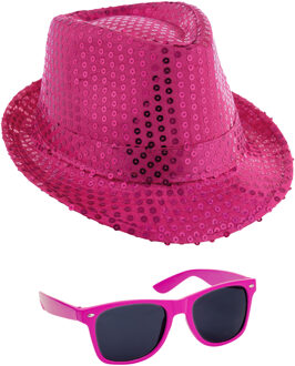 Carnaval verkleed setje - glitter pailletten hoedje en party zonnebril - roze - volwassenen