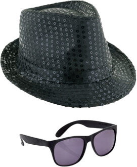 Carnaval verkleed setje - glitter pailletten hoedje en party zonnebril - zwart - volwassenen