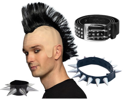 Carnaval verkleed setje heren punker - hanekam pruik - spikes ketting/armband - riem met studs