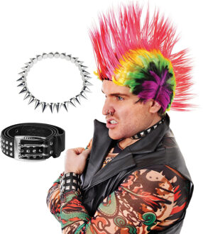 Carnaval verkleed setje heren punker - hanekam pruik - spikes ketting - riem met studs