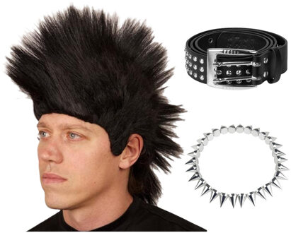 Carnaval verkleed setje heren punker - hanekam pruik - spikes ketting - riem met studs