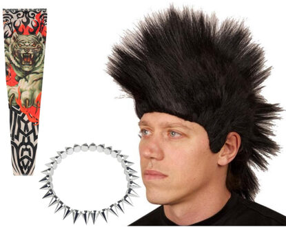 Carnaval verkleed setje heren punker - hanekam pruik - spikes ketting - tattoo sleeves Zwart