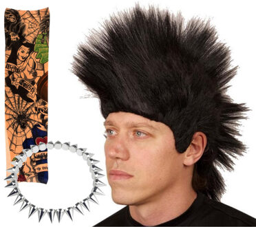 Carnaval verkleed setje heren punker - hanekam pruik - spikes ketting - tattoo sleeves Zwart