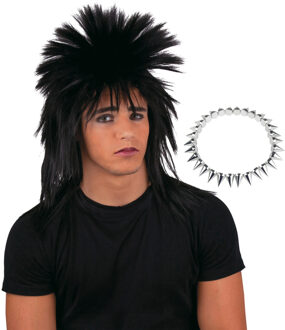Carnaval verkleed setje heren punker - wilde haren pruik - met spikes ketting