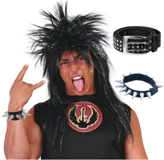 Carnaval verkleed setje heren punker - wilde haren pruik - spikes ketting/armband - riem met studs