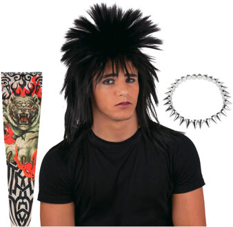 Carnaval verkleed setje heren punker - wilde haren pruik - spikes ketting - tattoo sleeves